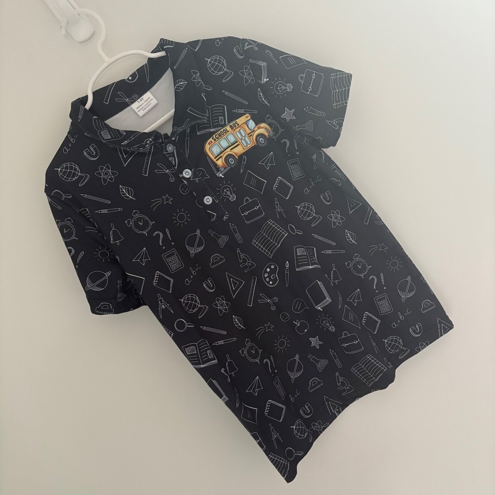 Boys 7-8Y School Bus Polo Shirt Back to School Print Books, Art,‎ Ruler & More